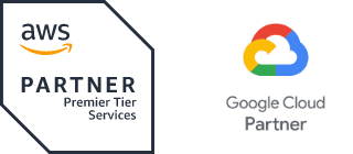 AWS プレミアティアサービスパートナーバッジと Google Cloud Partner ロゴ