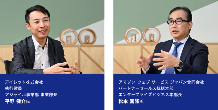 左：アイレット株式会社 執行役員 アジャイル事業部 事業部長 平野 健介氏 右：アマゾン ウェブ サービス ジャパン合同会社 パートナーセールス統括本部 エンタープライズビジネス本部長 松本 喜隆氏